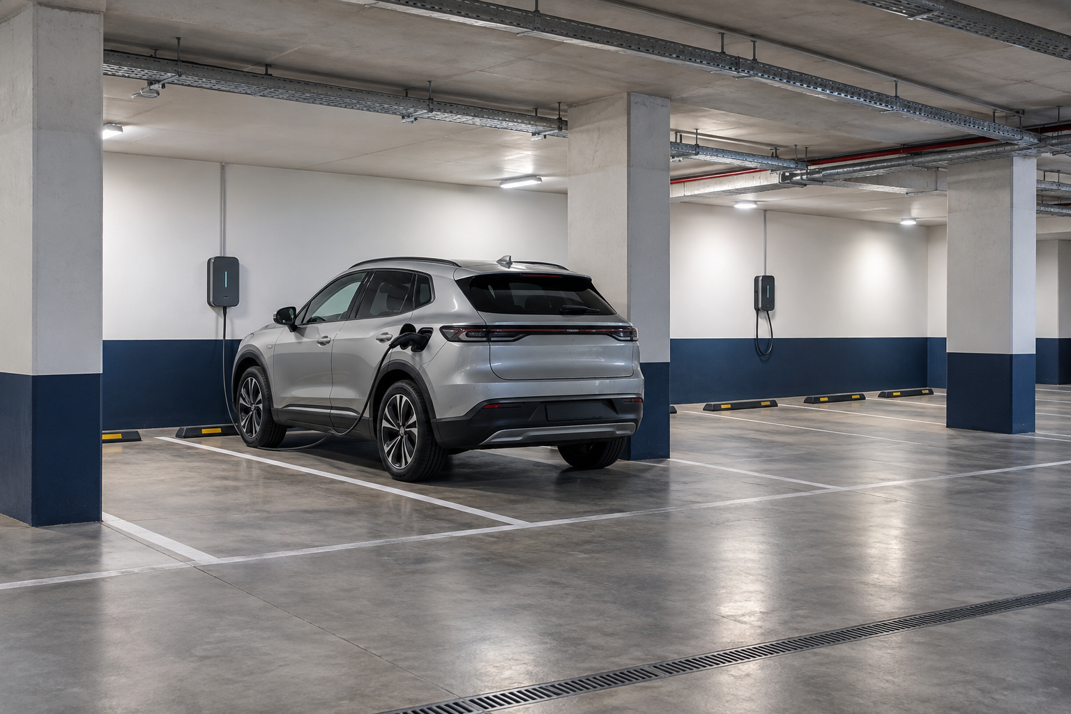 Cochera subterránea de edificio con punto de carga para vehículo eléctrico