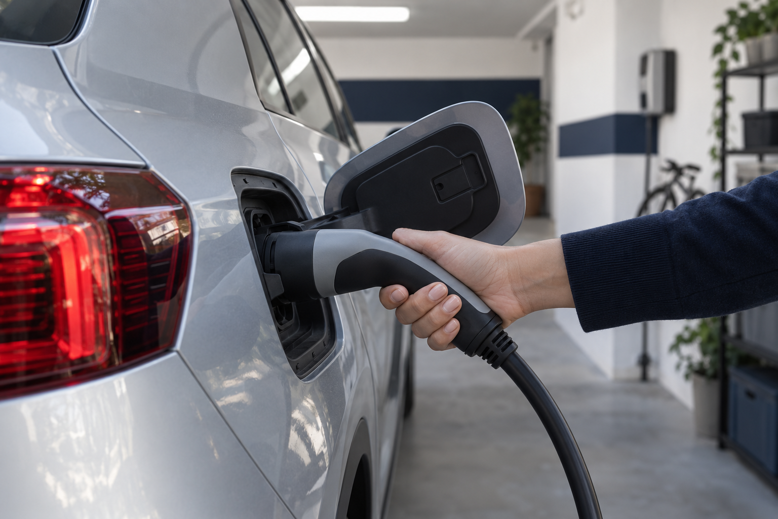 Conexión de un cargador a un auto eléctrico en la cochera